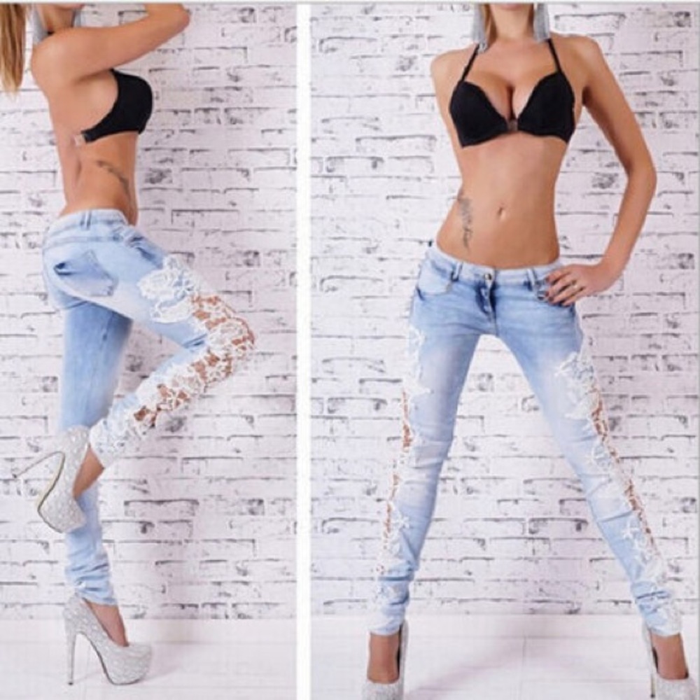 Women’s Denim Light Blue Skinny Jeans Crochet Lace